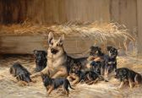 Ch. Giralda's Lola With Litter In Kennel,german Shepherds Oil Painting by Binks, R. Ward