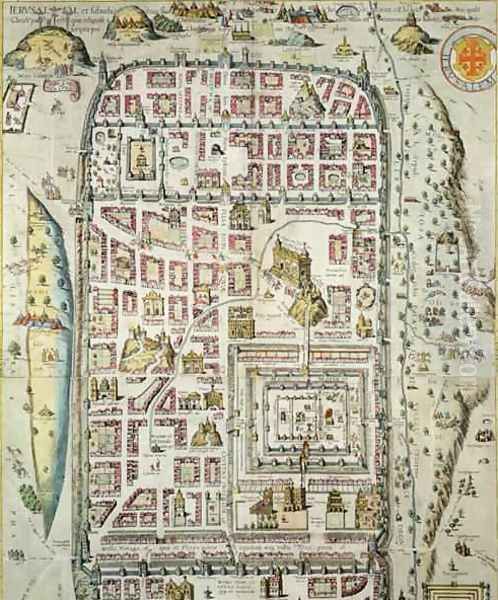 Map of Jerusalem and the surrounding area from Civitates Orbis Terrarum 3 Oil Painting by Joris Hoefnagel