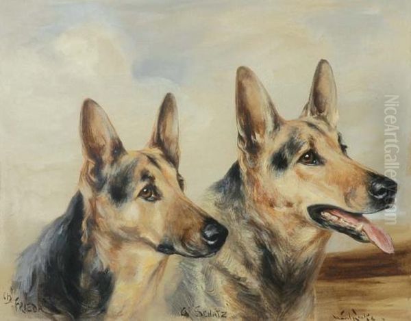 Frieda And Schatz, Champion German Shepherds Oil Painting by Binks, R. Ward