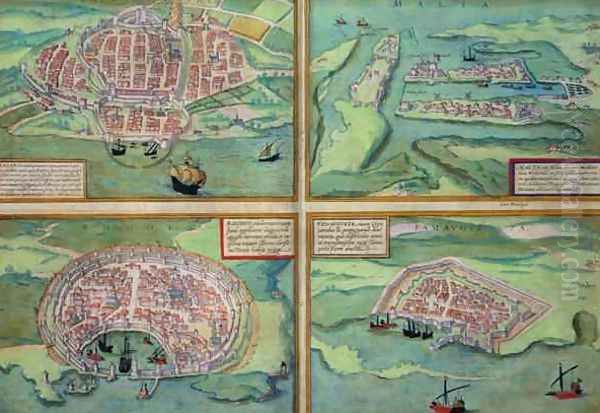 Map of Calais Malta Rhodes and Famagusta from Civitates Orbis Terrarum Oil Painting by Joris Hoefnagel