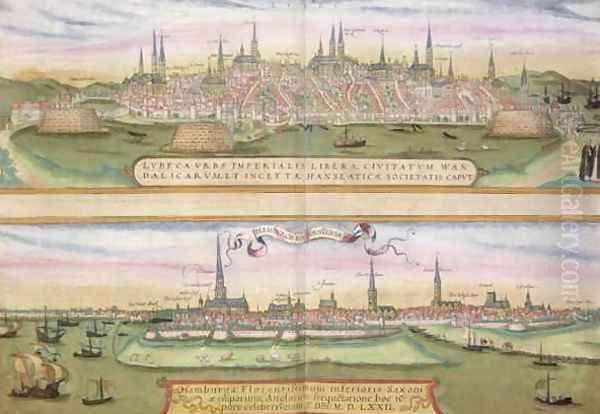 Map of Lubeck and Hamburg from Civitates Orbis Terrarum Oil Painting by Joris Hoefnagel