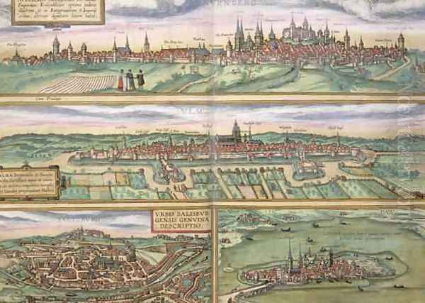 Map of Nuremberg Ulm and Saltzburg from Civitates Orbis Terrarum Oil Painting by Joris Hoefnagel