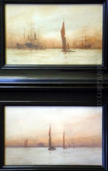 Pair Of Watercolours 'off 
Rotherhithe' & 'out With Wind And Tide, Off Limehouse' Signed And 
Dated 1915 6.5 X 10.75in Oil Painting by William Minshall Birchall