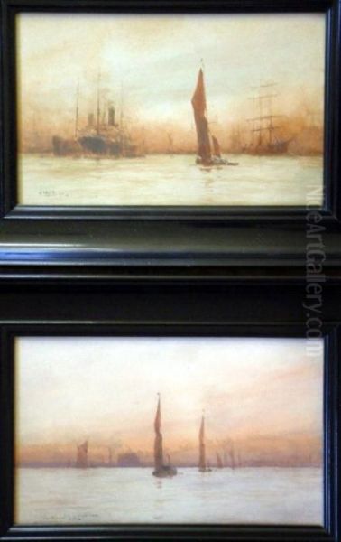 'off Rotherhithe' & 'out With Wind And Tide, Offlimehouse' Oil Painting by William Minshall Birchall