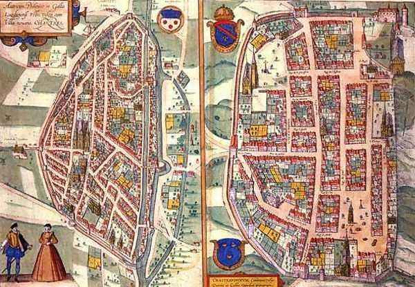 Maps of Chartres and Dunois from Civitates Orbis Terrarum Oil Painting by Joris Hoefnagel