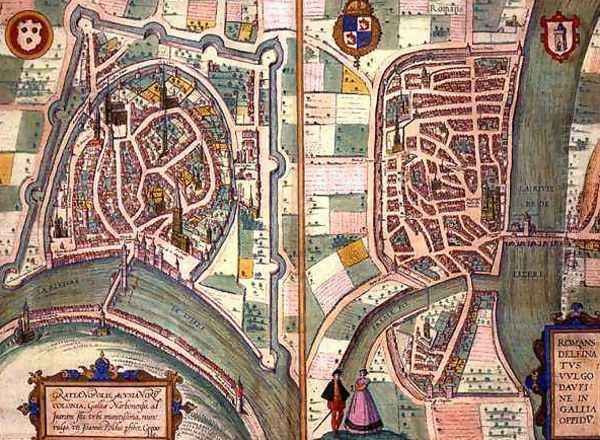 Maps of Grenoble and Romans sur Isere from Civitates Orbis Terrarum Oil Painting by Joris Hoefnagel