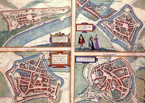 Maps of Charlemont Landrechies Avesnes and Beaumont from Civitates Orbis Terrarum Oil Painting by Joris Hoefnagel