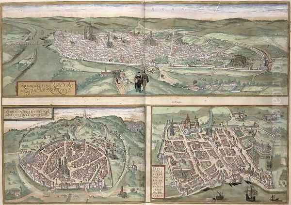 Town Plans of Rouen Nimes and Bordeaux from Civitates Orbis Terrarum Oil Painting by Joris Hoefnagel