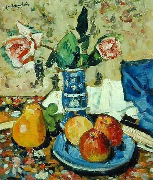 Apples Pears and Roses Oil Painting by George Leslie Hunter