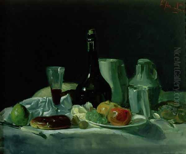 Still Life Bottle and Fruit Oil Painting by George Leslie Hunter