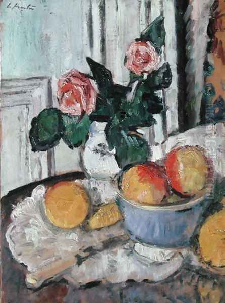 Roses and Fruit Oil Painting by George Leslie Hunter