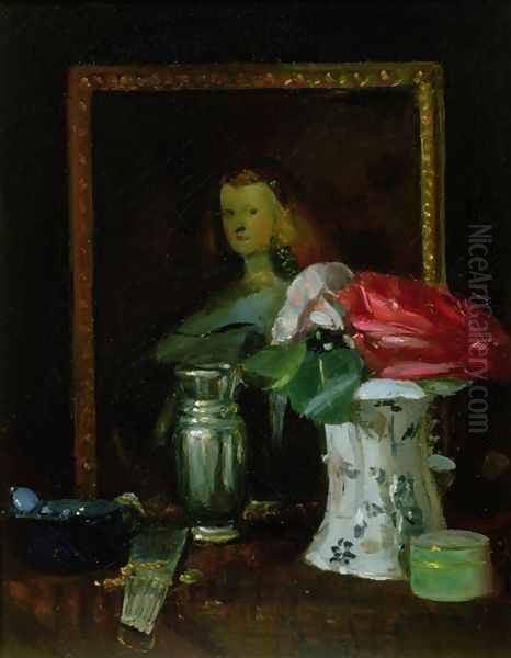 Still Life of Roses Portrait Vase and Fan Oil Painting by George Leslie Hunter