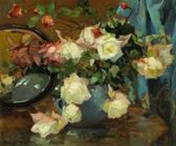 Roses In A Blue Vase On A Table With Amirror Oil Painting by Franz Bischoff