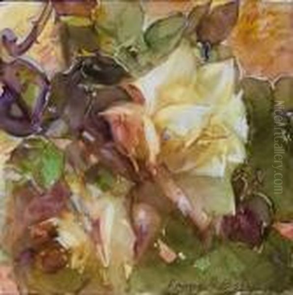 Decorative Tiles With Pink And White Roses Oil Painting by Franz Bischoff