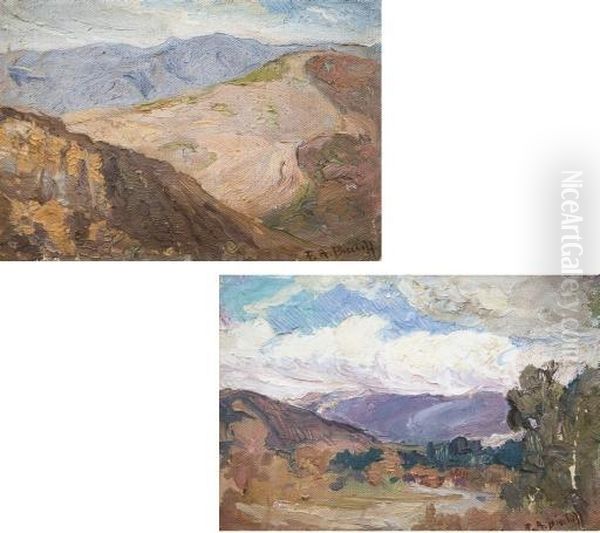 Hilly Landscape; Cloudy Day: Two Works Oil Painting by Franz Bischoff