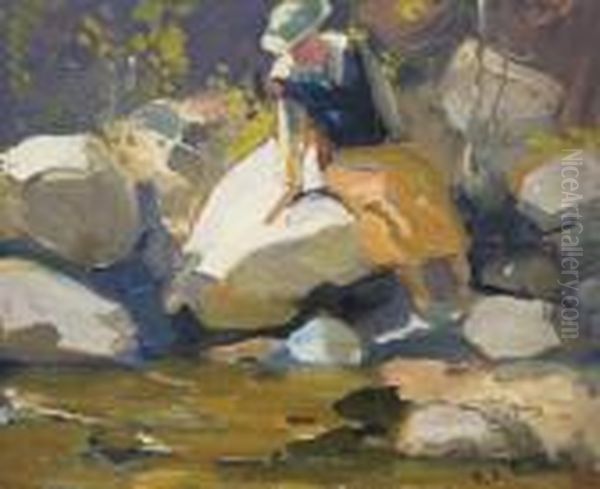 Bertha On The Rocks Oil Painting by Franz Bischoff