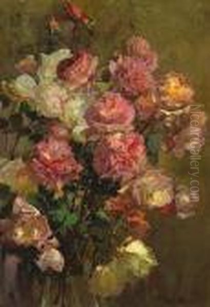 A Glass Vase Full Of Roses Oil Painting by Franz Bischoff