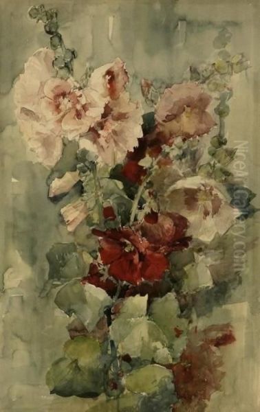 Still Life - Hollyhocks Oil Painting by Franz Bischoff