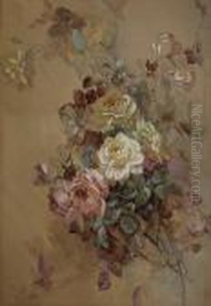 A Cluster Of Pink And Yellow Roses Oil Painting by Franz Bischoff