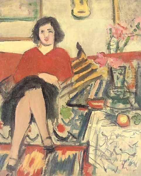 Girl in a red pullover, seated on sofa, and flowers, recto Oil Painting by George Leslie Hunter