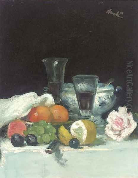 Still life of fruit and a rose Oil Painting by George Leslie Hunter