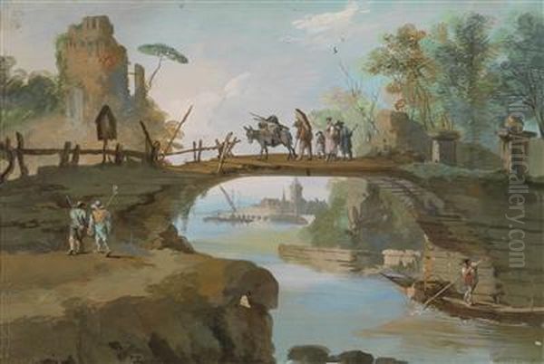 A Landscape With Figures And A Bridge Oil Painting by Giuseppe Bernardino Bison