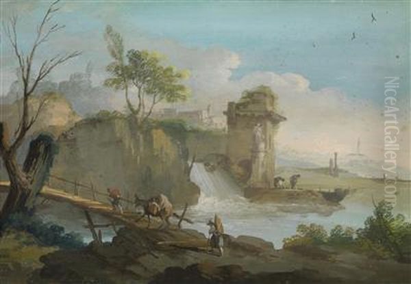 A Landscape With Travellers And A Waterfall Oil Painting by Giuseppe Bernardino Bison