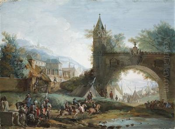 A Landscape With Mounted Soldiers And An Arched Bridge Oil Painting by Giuseppe Bernardino Bison