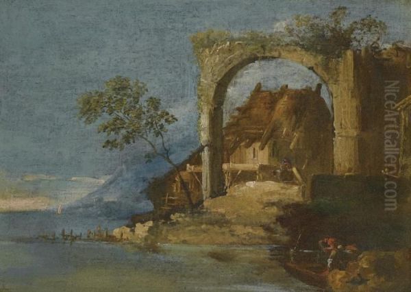 A Capriccio Fluvial Landscape With Figures In A Boat In The Foreground Oil Painting by Giuseppe Bernardino Bison