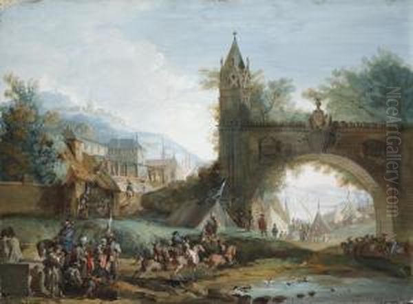 Landscape With Soldiers On Horseback And An Archedbridge Oil Painting by Giuseppe Bernardino Bison