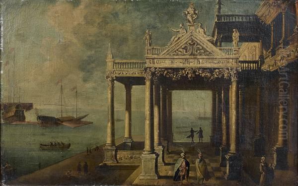 Promeneurs Orientaux Dans Un Palais Classique Devant La Mer Oil Painting by Giuseppe Bernardino Bison