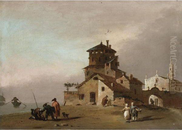 Veduta Di Citta Con Chiesa Ed Edificio Turrito, Con Figure E
Imbarcazioni Fuori Dalle Mura Oil Painting by Giuseppe Bernardino Bison