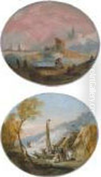 Pair Of Oval Capriccio 
Landscapes With Figures By A Lake, One Witha Bridge And Buildings, The 
Other With Straw Huts Near The Shoreand Both With Boats Oil Painting by Giuseppe Bernardino Bison