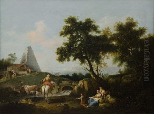 Paesaggio Fluviale Con Alberi, Piramide E Figure Oil Painting by Giuseppe Bernardino Bison