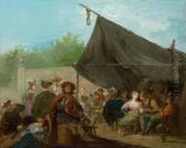 An Outdoor Banquet, With A Hurdy-gurdy Player Oil Painting by Giuseppe Bernardino Bison