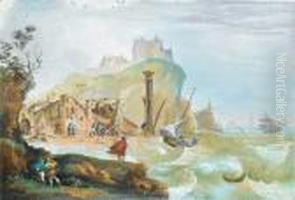 A Rocky Coastline With Shipping 
Foundering In Stormy Seas With Figures At A Harbour Looking On Oil Painting by Giuseppe Bernardino Bison