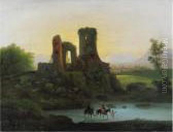 Paesaggio Fluviale Con Rovine E Figure Oil Painting by Giuseppe Bernardino Bison