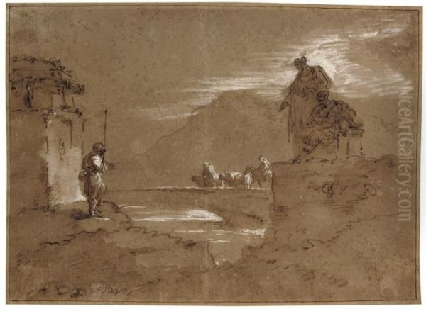 A Moonlit Coastal Landscape With
 Two Men Looking On As Figures Leadanimals Across A Bridge Oil Painting by Giuseppe Bernardino Bison