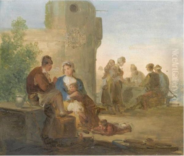 A Landscape With Peasants Resting Outside A Tavern Oil Painting by Giuseppe Bernardino Bison