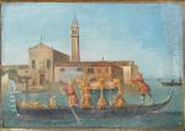 A Gondola Passing Before A Lagoon Island With A Church Oil Painting by Giuseppe Bernardino Bison