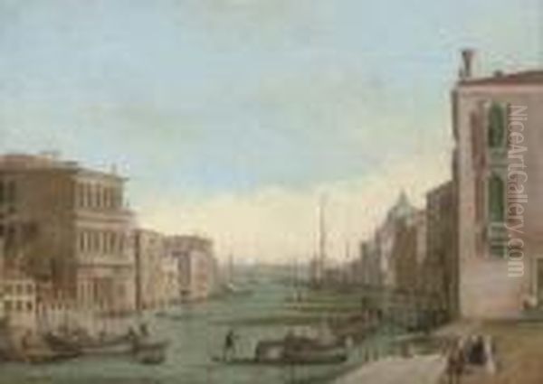 The Grand Canal, Venice, Looking
 East From The Campo Di San Vio, With The Palazzo Corner, Barges And 
Gondolas, The Dome Of Santa Maria Della Salute, The Dogana, And The Riva
 Degli Schiavoni With The Bucintoro Beyond Oil Painting by Giuseppe Bernardino Bison