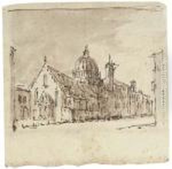 View Of A Church By A Canal (recto), The Facade Of A Pedimented Church (verso) Oil Painting by Giuseppe Bernardino Bison