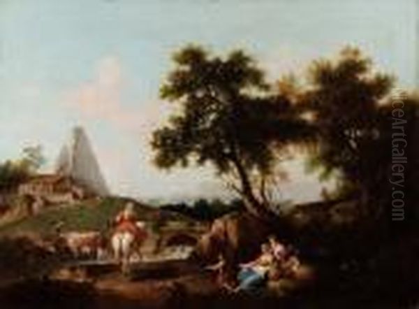 Paesaggio Con Pastori, Torrente E Piramide Cestia Oil Painting by Giuseppe Bernardino Bison