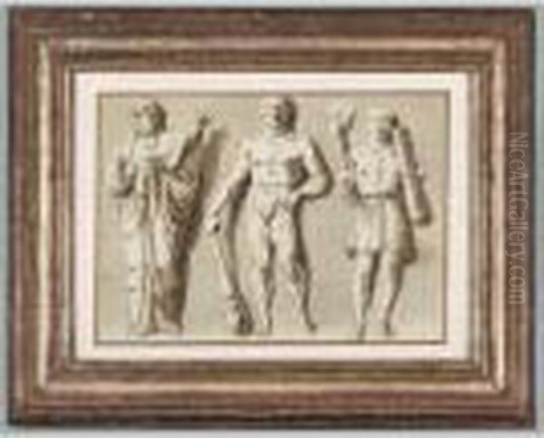 Etudes De Trois Figures Antiques
 [, Study Of Three Antique Figures, Pen And Brown Ink, Brown Wash 
Heightened With White Gouache On Prepared Paper ] Oil Painting by Giuseppe Bernardino Bison