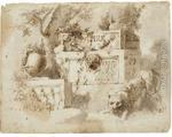 Un Lion Devant Un Sarcophage Antique Et Une Amphore Oil Painting by Giuseppe Bernardino Bison