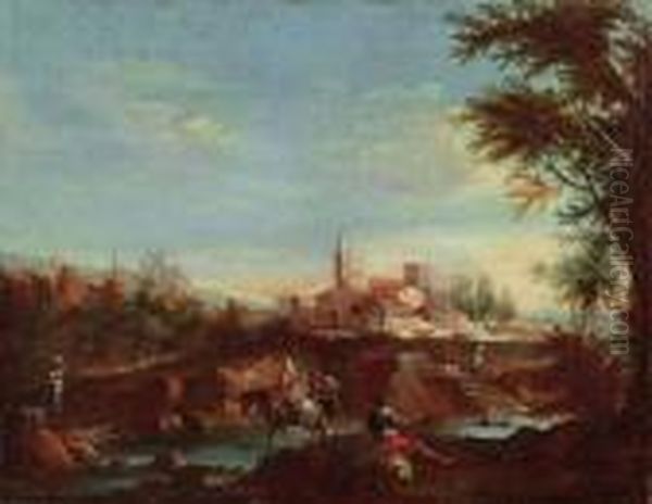 Paesaggio Collinare Con Antico Borgo E Contadini Oil Painting by Giuseppe Bernardino Bison