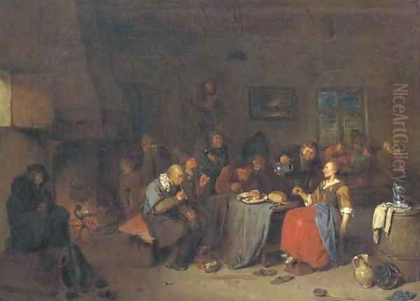 Peasants smoking, drinking and playing cards in a tavern Oil Painting by Egbert van, the Younger Heemskerck