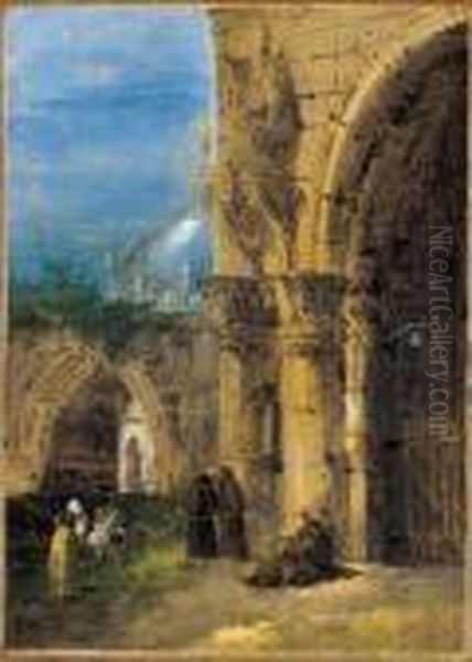 A) Scena Di Porto

B) Frati All'ingresso Di Una

Cattedrale Oil Painting by Giuseppe Bernardino Bison