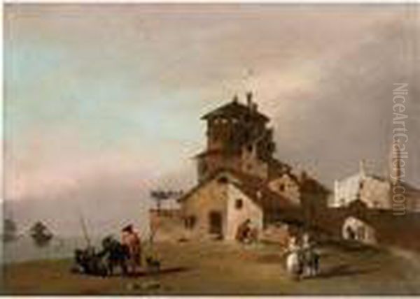 Veduta Di Citta Con Chiesa Ed 
Edificio Turrito, Con Figure E Imbarcazioni Fuori Dalle Mura Oil Painting by Giuseppe Bernardino Bison