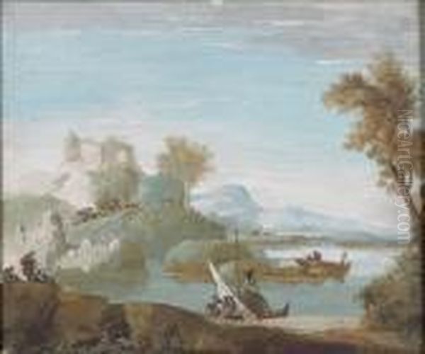 Embarcation Pres D'un Rivage Oil Painting by Giuseppe Bernardino Bison